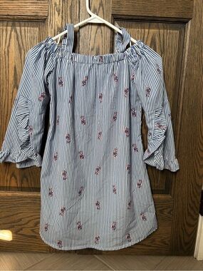 Japna kids Blue and White Striped Off-Shoulder Dress with Pink Floral Accents